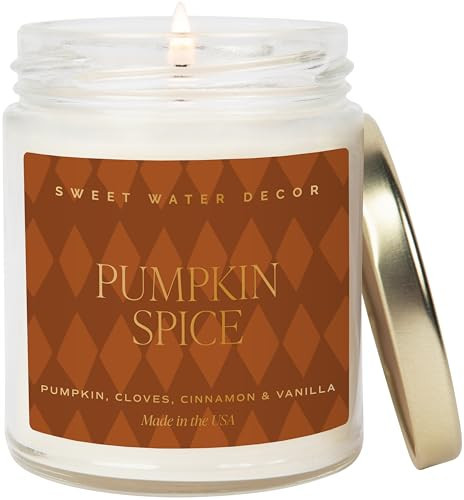 Sweet Water Decor Pumpkin Spice Candle - Fall Candles with Pumpkin, Clover, Cinnamon & Vanilla Scent for Home - Pumpkin Candle with 40 Hours Burn Time - 9Oz Gold Lid Clear Jar Pumpkin Soy Candles | Amazon (US)