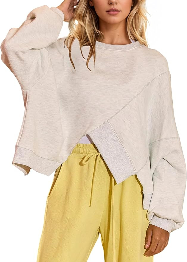 MISSACTIVER Women’s Crew Neck Cropped Sweatshirt Oversized Long Sleeve Ribbed Pullover Top Asym... | Amazon (US)