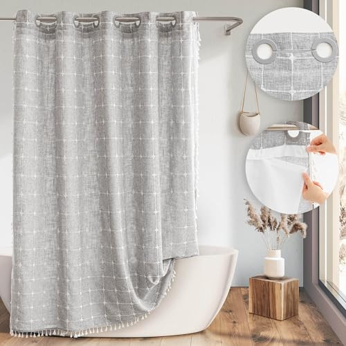 Farmhouse Shower Curtain with Snap-in Liner,No Hooks Needed,Boho Fabric Shower Curtains with Tassels for Rustic Neutral Bathroom Decor,with Magnets,Water Repellent&Machine Washable,Grey,71x74Inch | Amazon (US)