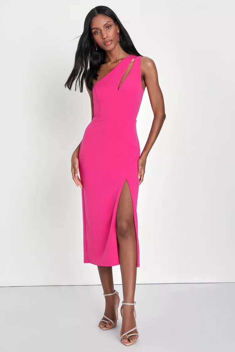 Blush Pink Midi Dress Asymmetrical Dress One-Shoulder Dress, 43% OFF