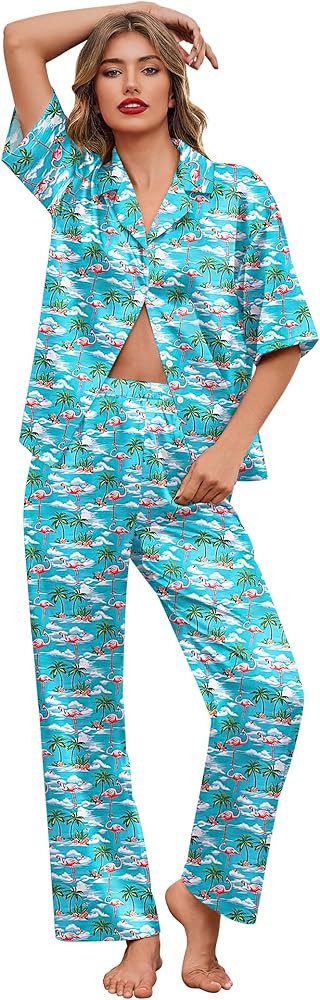 Ekouaer Silk Satin Pajamas Set Women Short Sleeve Pj Sets Button Down Sleepwear 2 Piece Soft Loun... | Amazon (US)