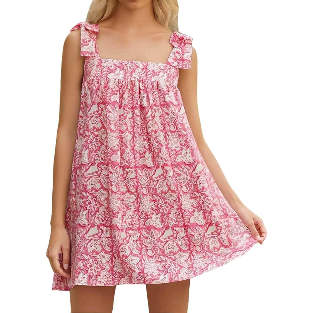 Women Summer Floral Boho Dresses 2025 V Neck Chiffon Short Sleeve Midi Dress Elegant Tie Waist Ca... | Amazon (US)