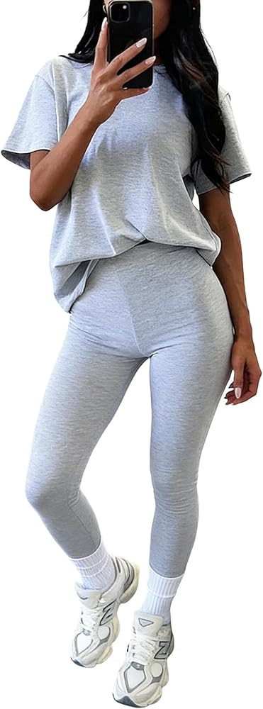 YETOWA Womens 2 Piece Loungewear Sets High Waisted Loose Short Sleeve T Shirt Long Pants Soft Str... | Amazon (US)