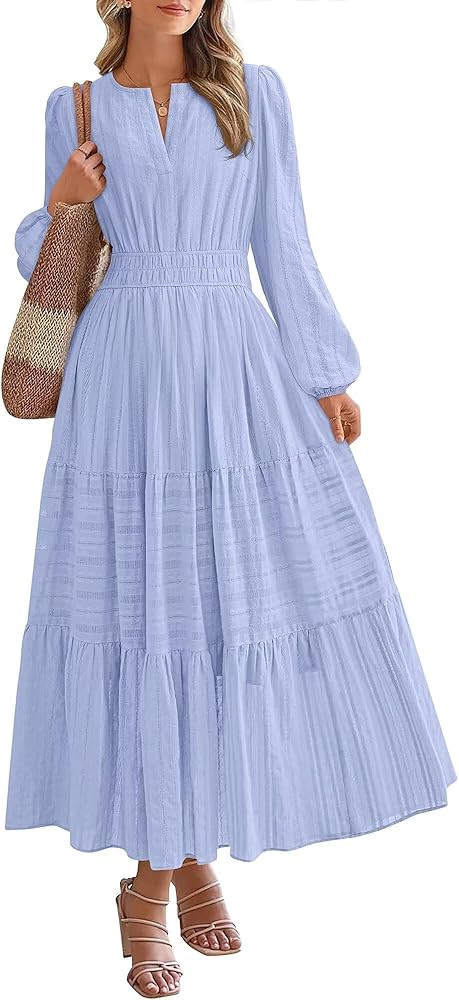 Women's Long Sleeve Maxi Dress with Pockets Fall 2025 V-Neck A-Line Flowy Casual Wedding Guest Dr... | Amazon (US)