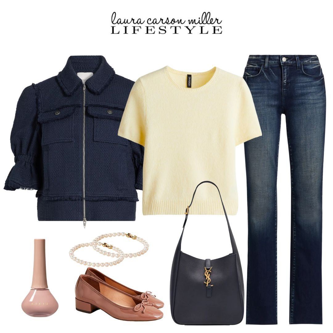 A special short sleeve jacket like this one will elevate all your spring, summer and fall outfits. 
The peachy pink nail shade shown here is pure genius. I just got it and I can’t get enough. So gorgeous for your next mani/pedi. 
Laura carson miller, jacket, gucci, nails, ysl, pearls, bracelets, navy 

#LTKItBag #LTKStyleTip #LTKShoeCrush