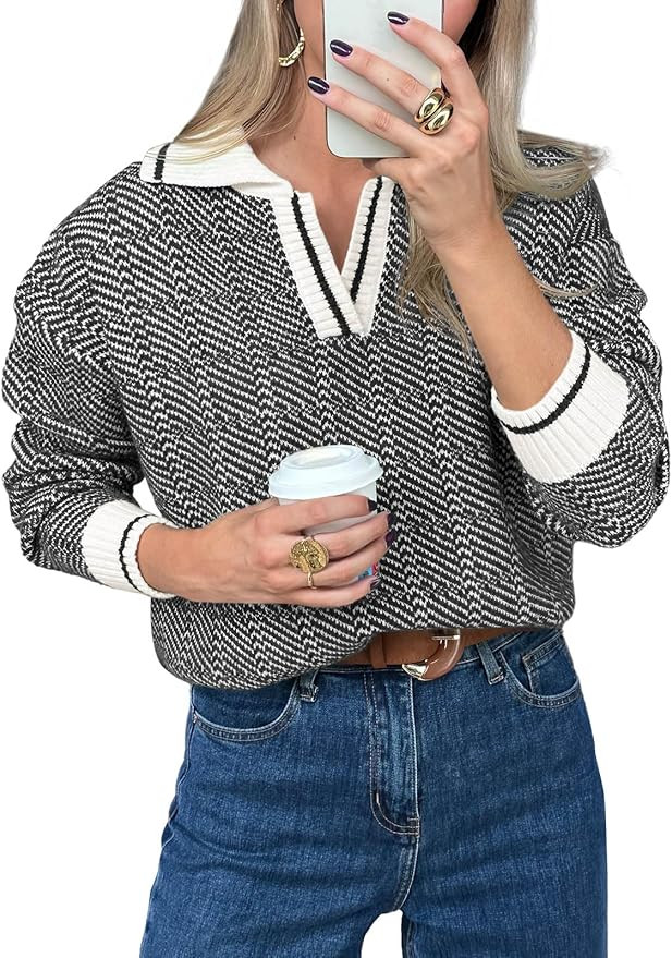 Saodimallsu Womens Fall Sweaters Tops Lapel V Neck Knit Sweater Color Block Long Sleeve Casual So... | Amazon (US)