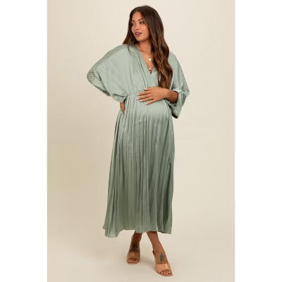 Pinkblush Light Olive Satin Pleated V-Neck Maternity Maxi Dress Small | Target
