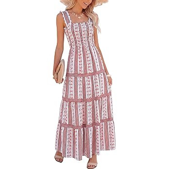 Caracilia Womens Summer Maxi Dresses Floral Smocked Sleeveless Ruffle Boho Casual Flowy Aline Bea... | Amazon (US)