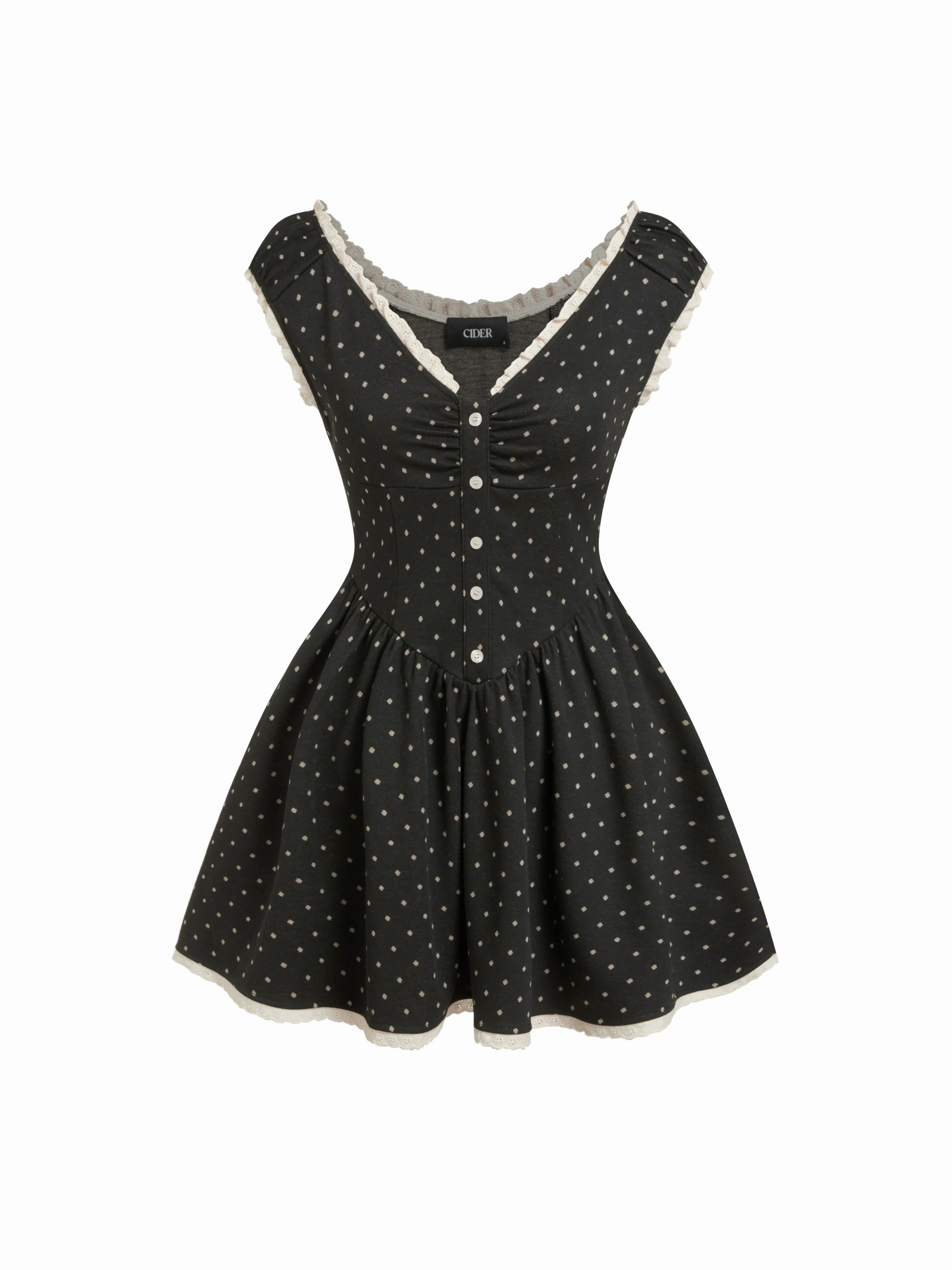 Jacquard Polka Dot V-neck Ruched Lace Trim Flared Mini Dress | Cider