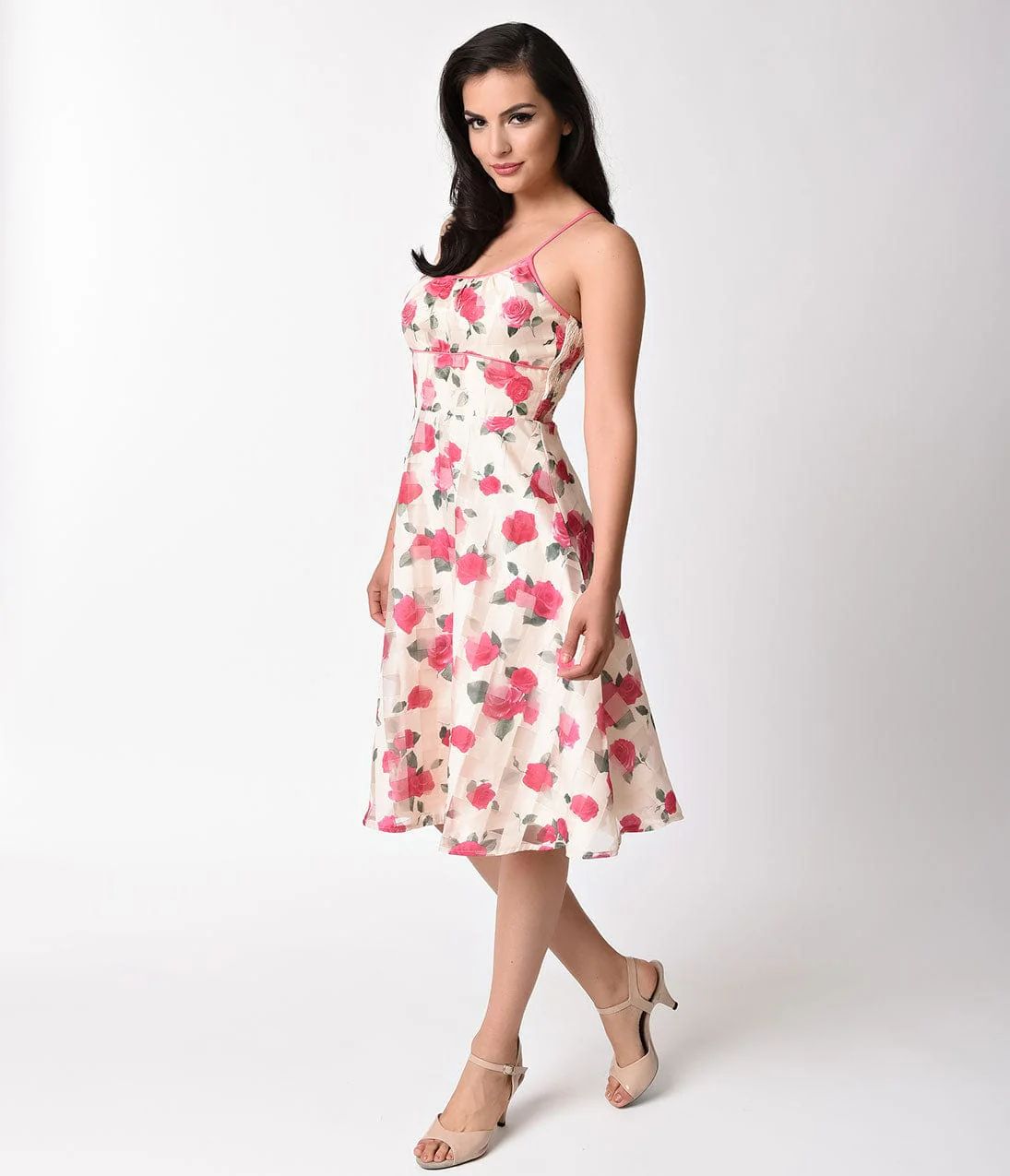 Voodoo Vixen Cream & Pink Floral Checkered Organza Swing Dress | UniqueVintage