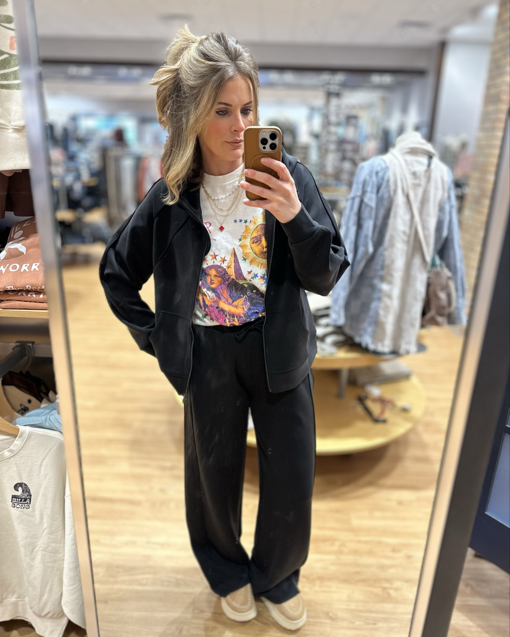 Absolutely 110% a set you need! Why? Because it’s so dang comfy. That ultra soft butter feel. Stretchy with structure. I’m 5’7” and wearing a platform so the pants are long enough for tall girlies (and few alterations for shorties 😉). 
I’ve paired it with a fun tee. I love the pop of colors!
And also a Hey Dude slip-on platform that are literally like walking on clouds… SO COMFY!