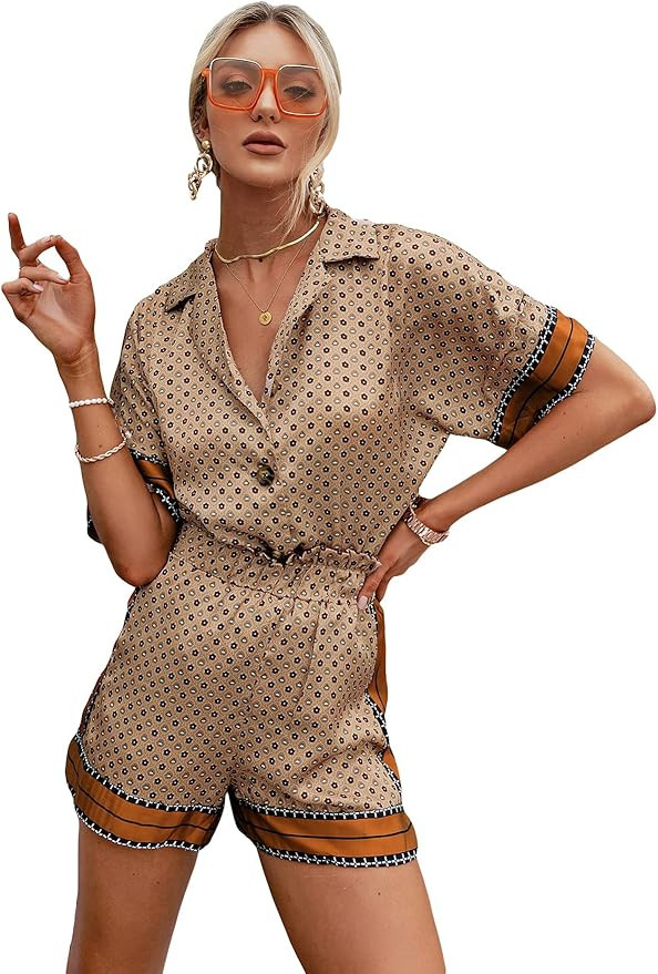 OYOANGLE Women's 2 Piece Outfits Boho Button Front Batwing Sleeve Printed Blouse Paperbag Waist S... | Amazon (US)