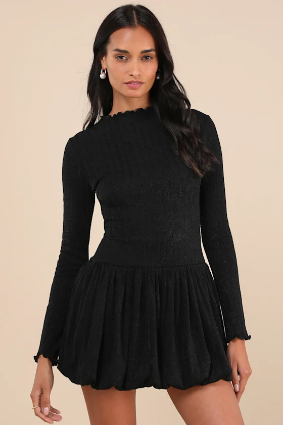 Approachably Adorable Black Ribbed Bubble-Hem Mini Dress | Lulus