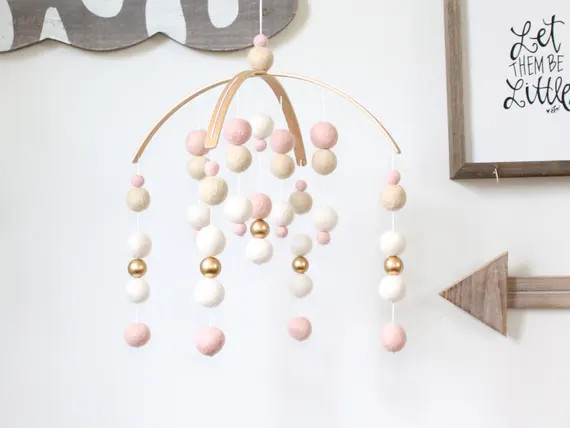 BLUSH / WHITE / GOLD Felt Ball Mobile Baby Mobile Crib | Etsy | Etsy (US)