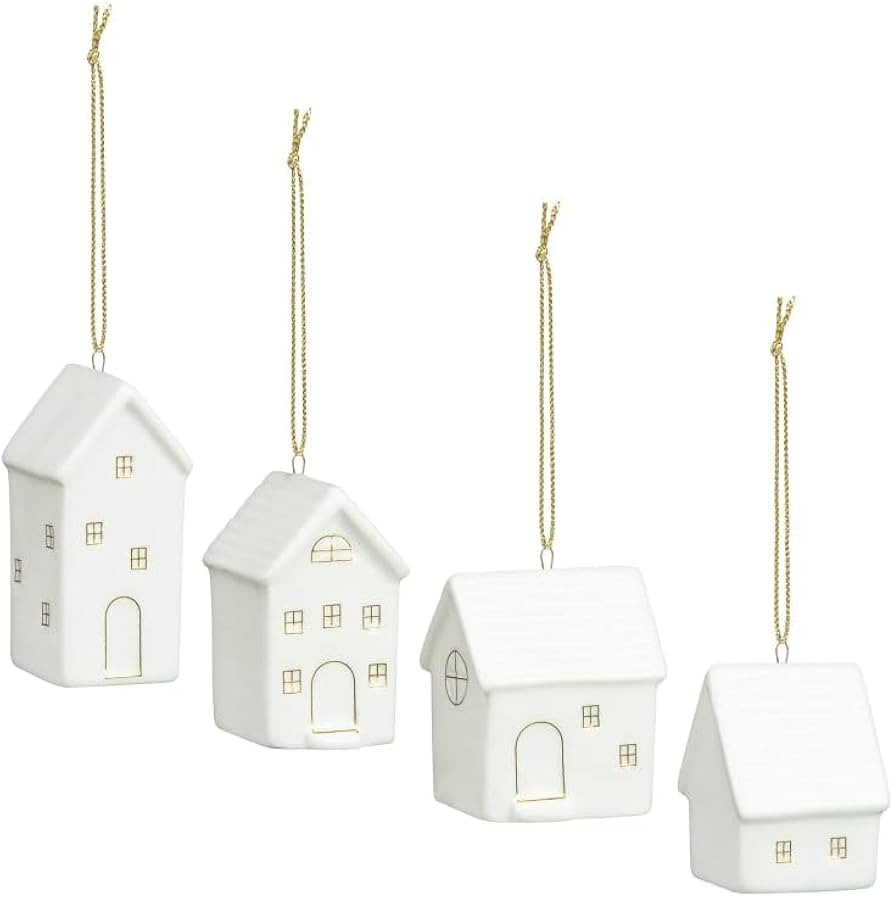Set of 4 Small White Scandi Snow Ceramic Houses Baubles Tree Hanging Christmas Decor Gift | Amazon (UK)