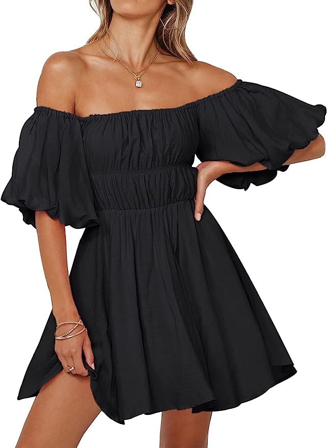 MIHOLL Womens Summer Sexy Off Shoulder Puff Sleeve Ruffled Casual Mini Dress | Amazon (US)
