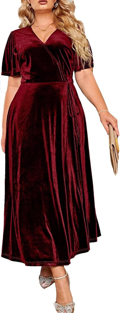 BerryGo Women's Casual Velvet Plus Size Wrap Bodycon Maxi Dress Formal V Neck Short Sleeve Long D... | Amazon (US)
