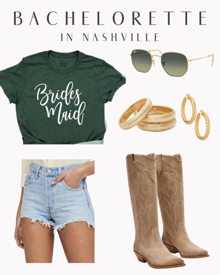 Bachelorette party outfit bachelorette t shirts Nashville bachelorette party green t shirts gold bangle bracelets stack beige cowboy boots denim shorts women’s sunglasses concert outfit 

#LTKfindsunder100 #LTKSeasonal #LTKstyletip