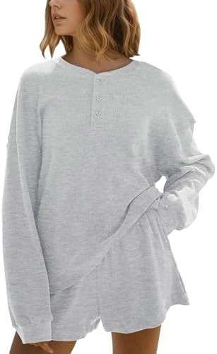 MISSACTIVER Waffle Knit Lounge Sets for Women Long Sleeve Oversized Sweatshirt Elastic Waist Shor... | Amazon (US)