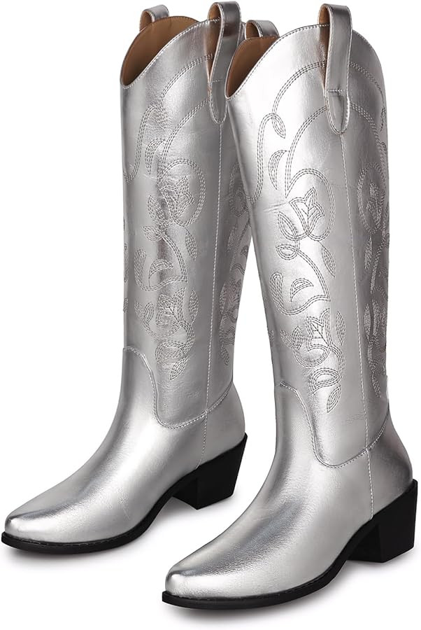 SHIBEVER Cowboy Cowgirl Boots for Women: Women's Knee-High Boots Wide Calf Tall Chunky Heel Embro... | Amazon (US)