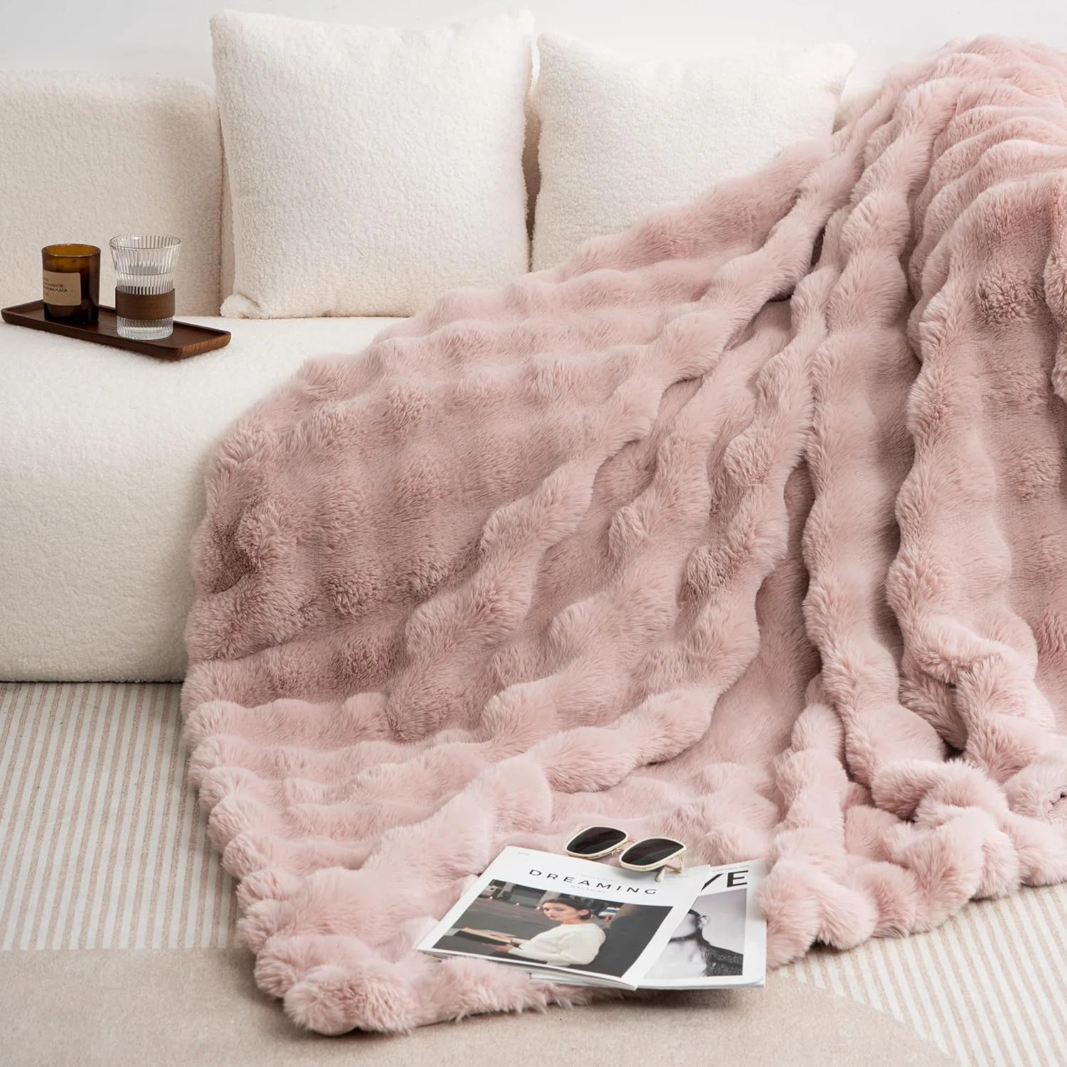 July Cute Pink Faux Rabbit Fur Throw Blanket for Couch, Cozy Plush Bubble Blanket for Bed, Luxury... | Wayfair North America