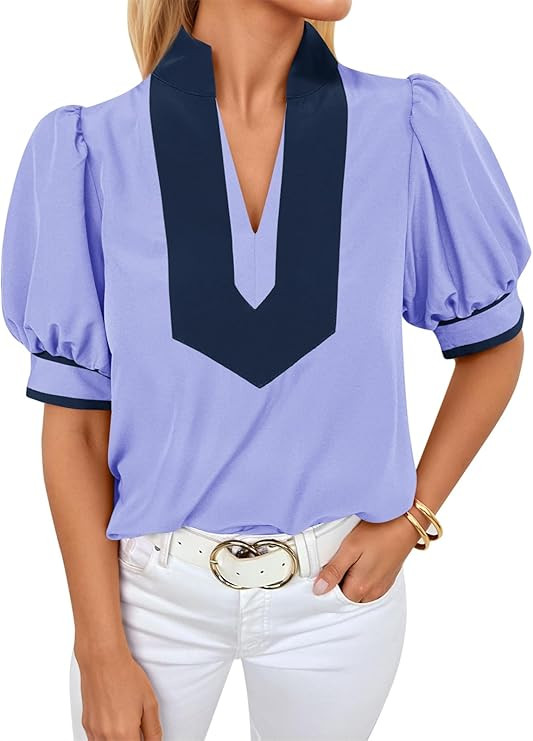 Cicy Bell Womens Color Blcok Puff Sleeve Blouses Summer Casual Dressy V Neck Tops Loose Fit Tee S... | Amazon (US)