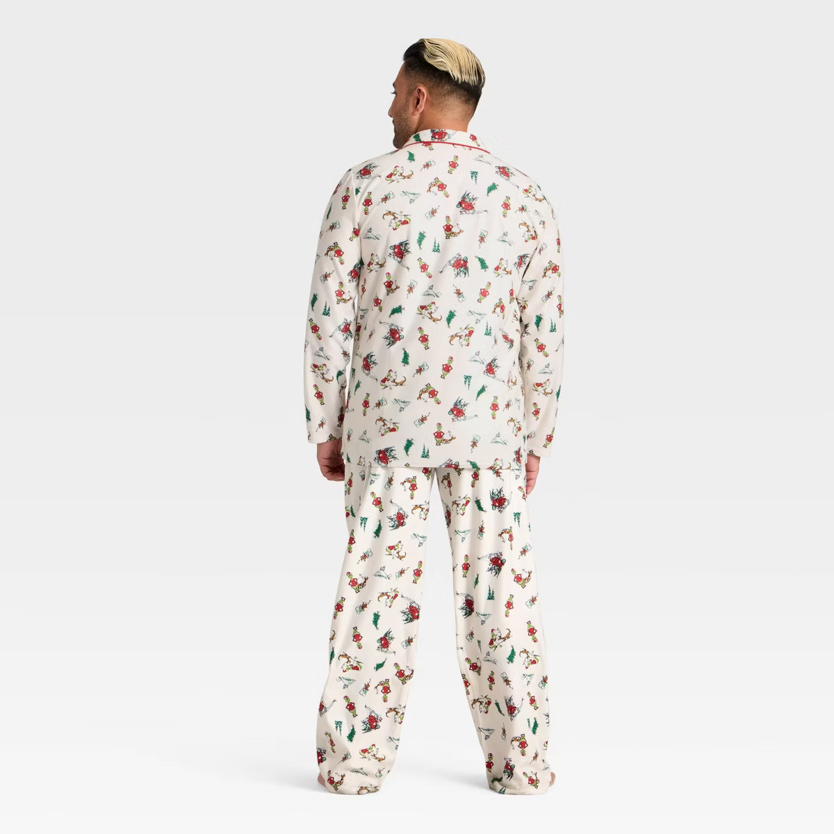 Men's Grinch Print Long Sleeve Shirt and Pants Holiday Matching Family Pajama Set - Cream XL | Target