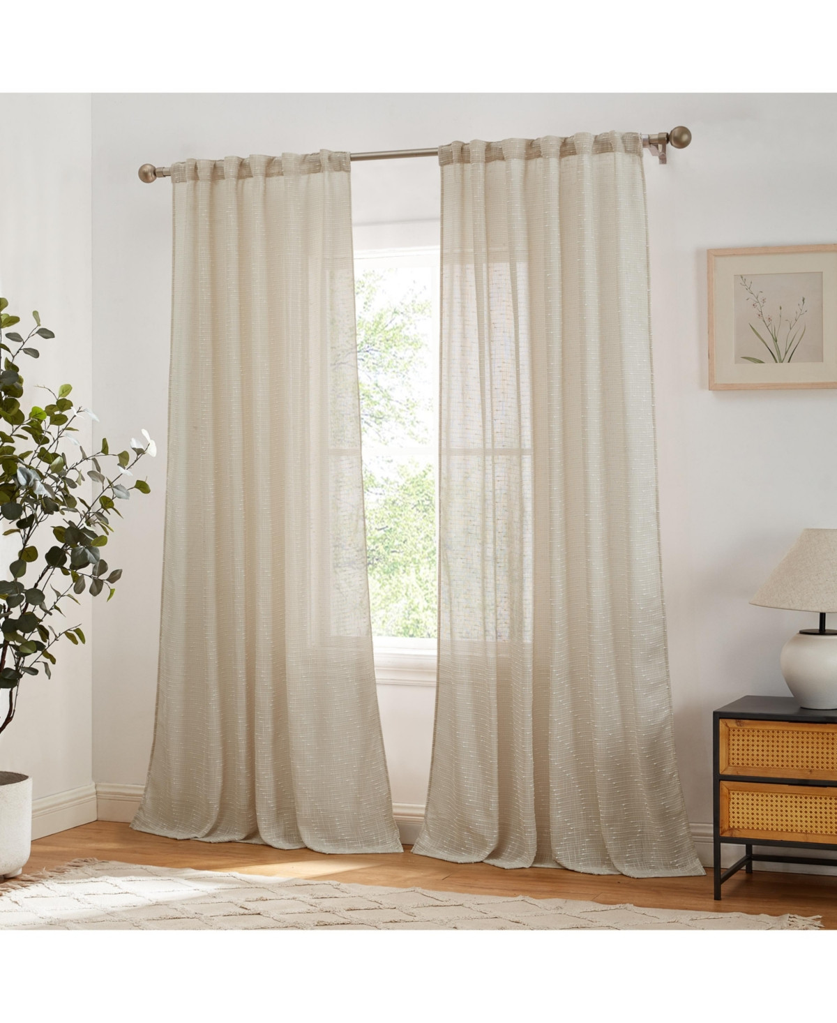 Hlc.me Emily Faux Linen Semi Sheer Transparent Rod Pocket Back Tab Lightweight Window Curtains Wide Panels, Pair - Beige | Macy's