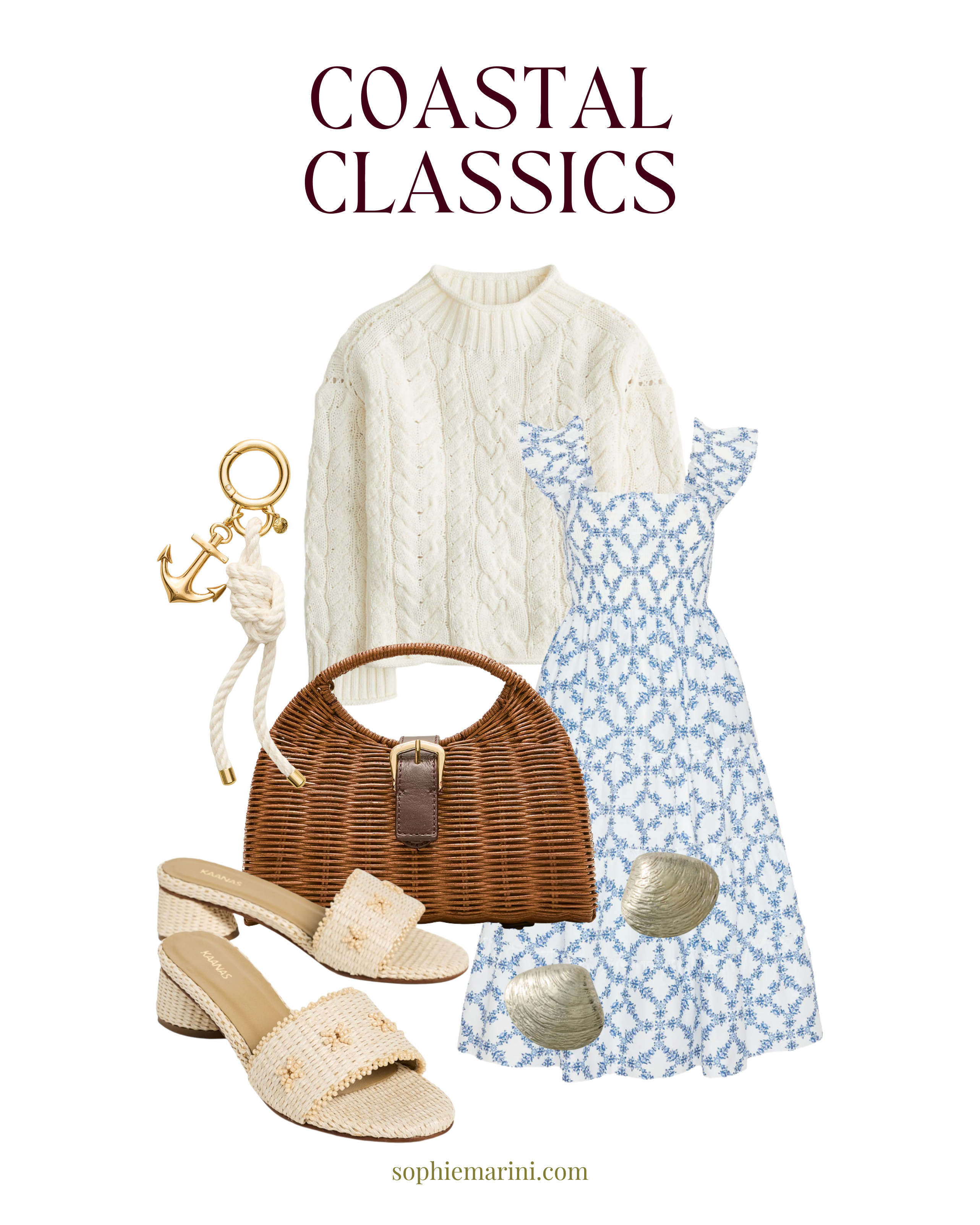 Coastal classics 

[ Straw Hat With Ribbon, Clamshell Bag, Handwoven rattan cage bag, blue stripped smocked maxi dress, Rollneck™ cable-knit sweater, Hill House nap dress, Antique Silver Clam Shell Earrings, raffia block heel sandals]  

 