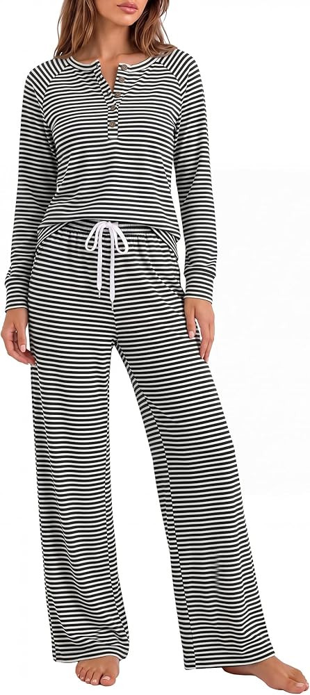 Henley Cute Pajamas Pjs,Comfy Warm,Drawstring Wide Leg Pants with Pockets,Travel Casual Airport V... | Amazon (US)