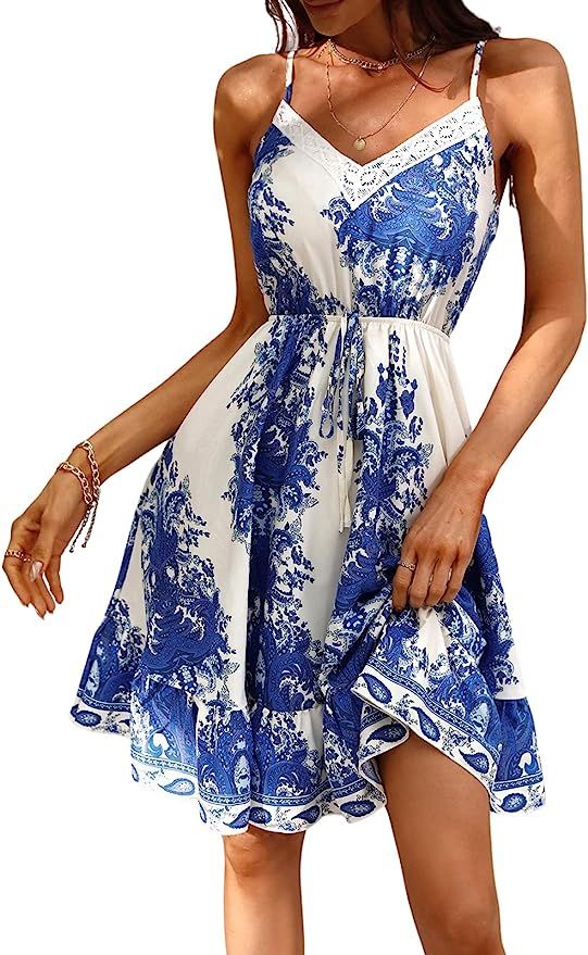 CUPSHE Women's V Neck Short Length Dresses Flounce Hem Summer Mini Dress with Drawstring Waist | Amazon (US)