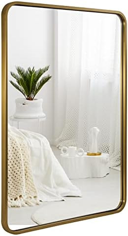 ANDY STAR Brass Mirror Bathroom, 22x30’’ Rounded Rectangle Mirror, Brushed Gold Bathroom Vani... | Amazon (US)