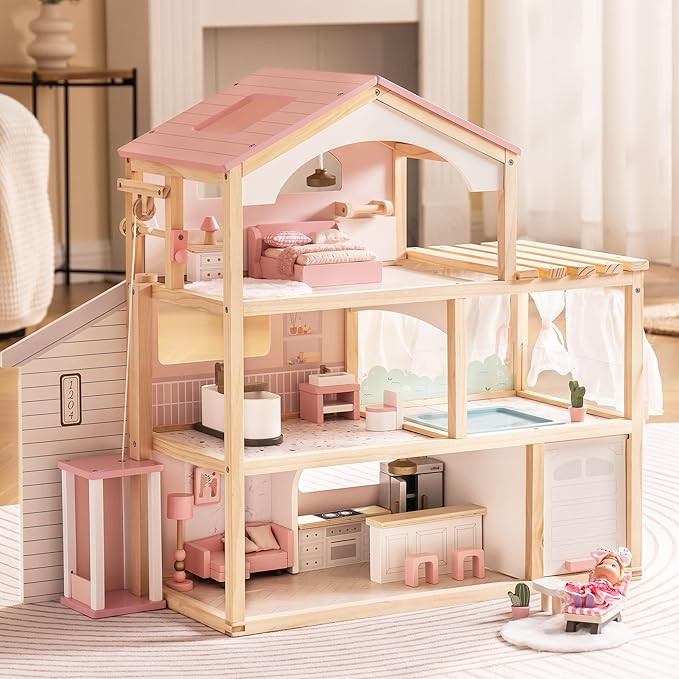ROBUD Doll House, Wooden Dollhouse with 6 Rooms, 29-pcs Furniture Set, Working Elevator, Garage, ... | Amazon (US)