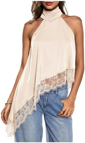 Milumia Women's Halter Neck Sleeveless Top Lace Asymmetrical Hem Summer Going Out Tank Tops | Amazon (US)
