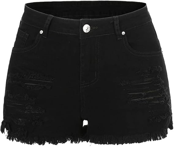 THUNDER STAR Women Mid Rise Ripped Stretchy Jeans Shorts Frayed Raw Hem Casual Denim Shorts | Amazon (US)