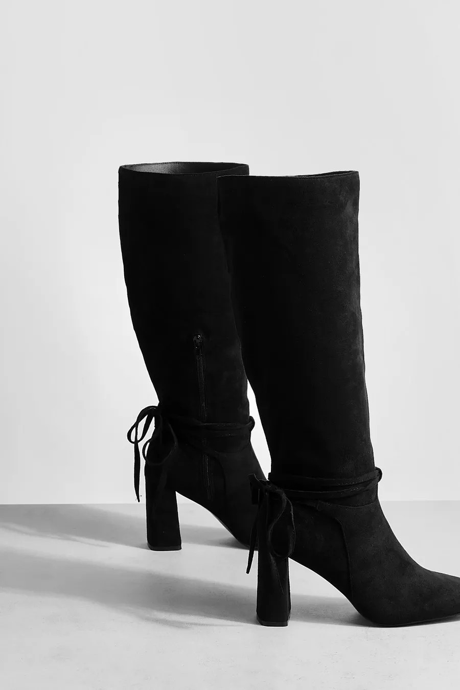 Wide Fit Block Heel Bow Detail Knee High Boots | Boohoo.com (UK & IE)