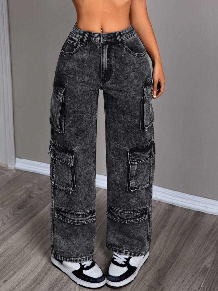 SHEIN PETITE Solid Color Y2K Style Button Front Straight Leg Jeans With Belt Loop And Pockets | SHEIN