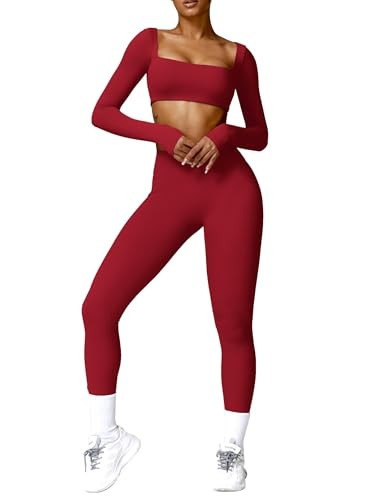 ABOCIW Workout Sets for Women 2 Piece Square Neck Long Sleeve Workout Crop Scrunch Butt High Waist Leggings 2 Piece Gym Sets Work Out Clothes Z-Cherry Red Large | Amazon (US)