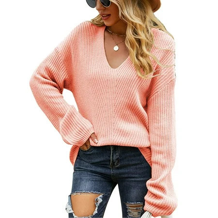 Pink Women s V-Neck Knit Sweater with Drop Shoulders Long Sleeves Loose Fit Pure Color Casual Design (Size S) | Walmart (US)