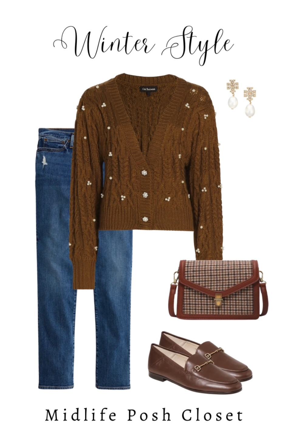 Simple Chic: brown cardigan with Pearl embellishment, boyfriend jeans, loafers & tweed purse  

#LTKFind #LTKitbag #LTKSeasonal