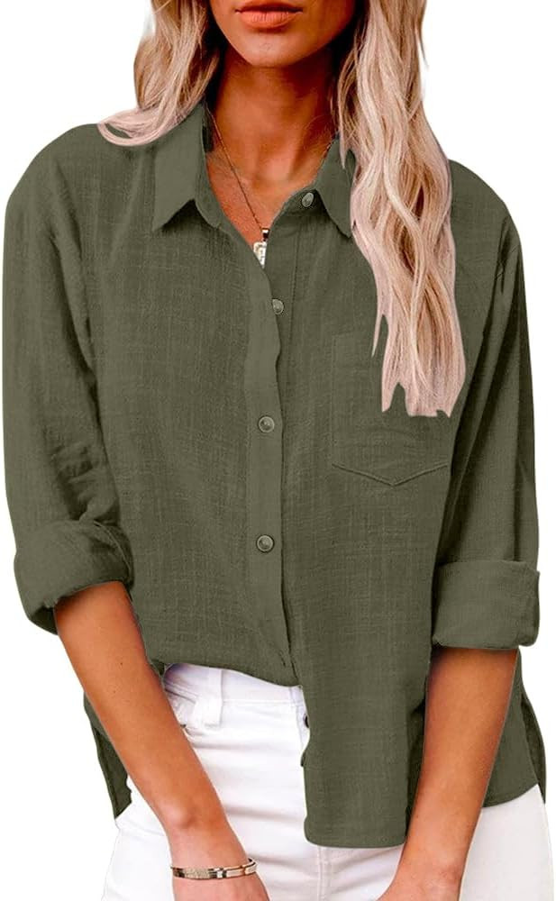 Womens Summer Linen Shirts Casual Button Down 2025 Long Sleeve Cotton Top Blouse Shirt with Pocke... | Amazon (US)