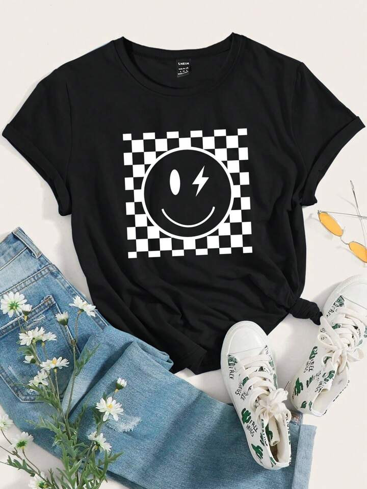 Women's Short Sleeve T-Shirt With Smiling Face And Checkerboard Pattern | SHEIN