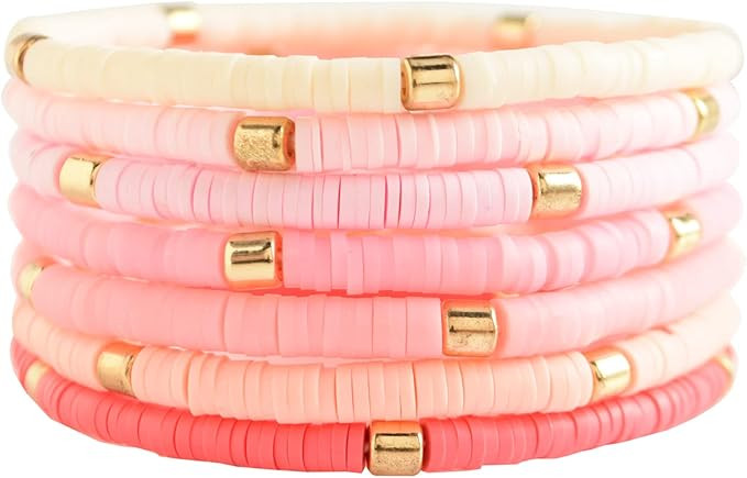 GOOJIDS Surfer Heishi Clay Bead Bracelets for Women Bohemian Stackable Evil Eye Vinyl Disc Beaded... | Amazon (US)