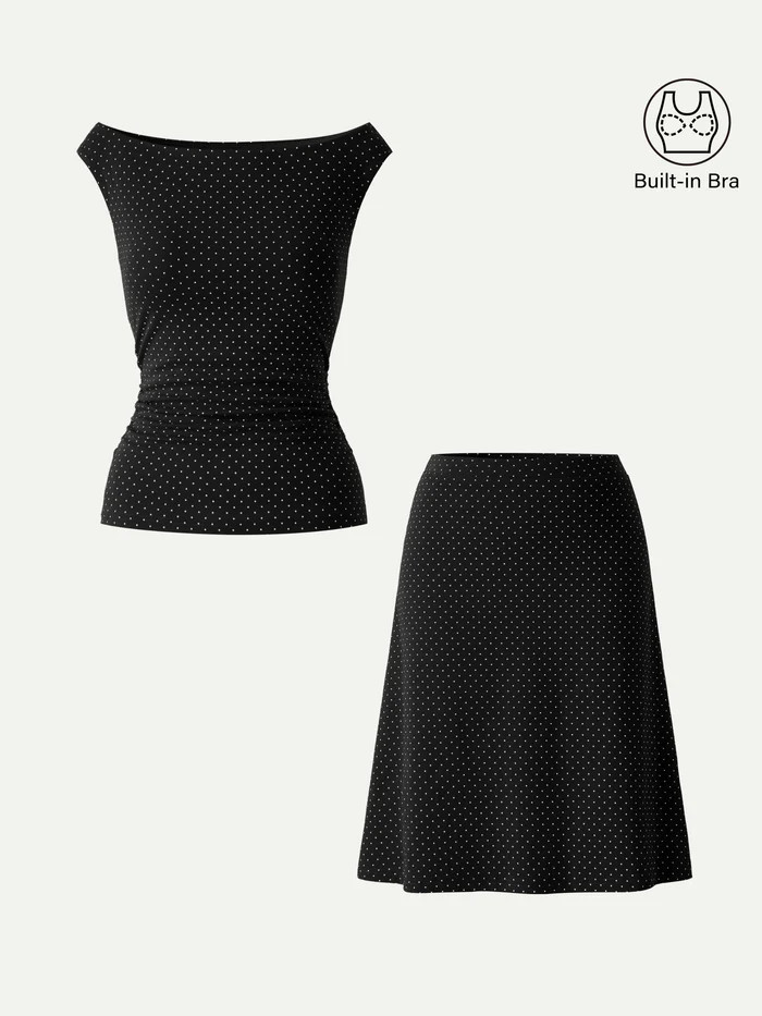 2Pcs Set Polka Dot Boatneck Bra Top & A-Line Flare Skirt Limited Edition | OGLmove