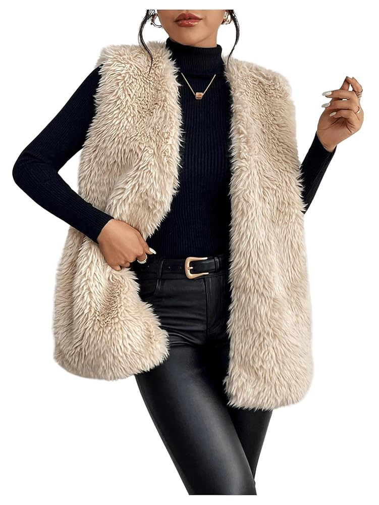 Verdusa Women's Fuzzy Faux Fur Sleeveless Vest Teddy Coats Open Front Plush Waistcoat Outerwear | Amazon (US)