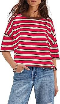 Yanekop Womens Oversized Shirts Striped Half Sleeve Tops Casual Summer Crew Neck T Shirts Basic T... | Amazon (US)