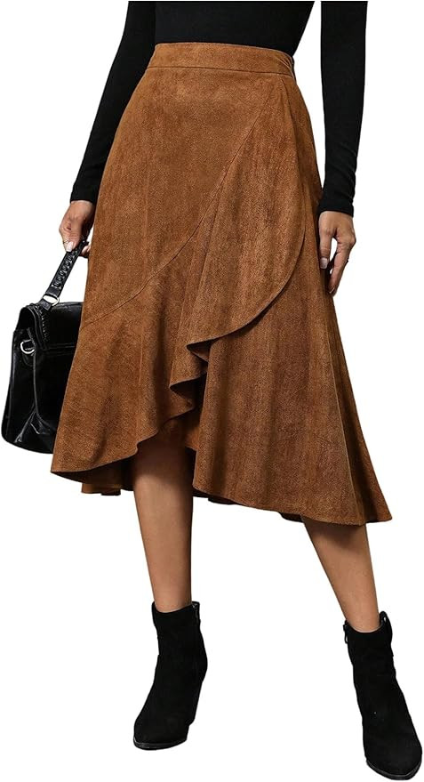 SweatyRocks Women's High Waisted Skirts Asymmetrical Ruffle Flowy Business Casual Work Midi Skirt | Amazon (US)