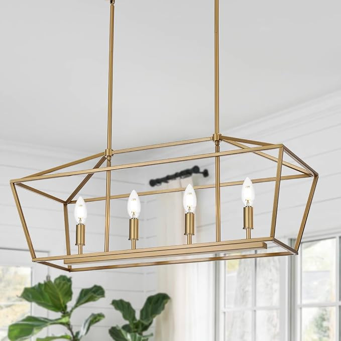 4-Lights Golden Pendant Light Fixtures, Modern Lantern Linear Chandelier with Adjustable Height, ... | Amazon (US)