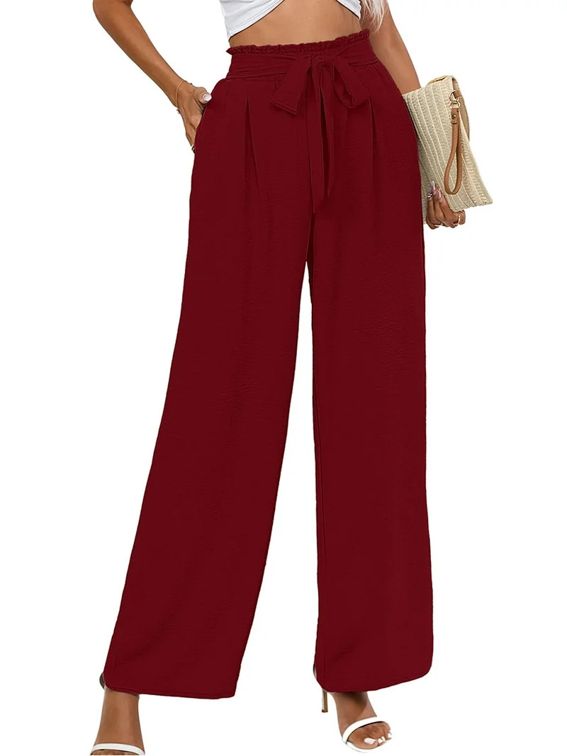 Chiclily Women's Wide Leg Lounge Pants with Pockets Lightweight High Waisted Adjustable Tie Knot ... | Walmart (US)
