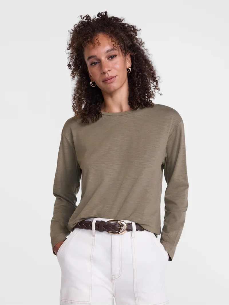 Scenario Women's Relaxed Slub Tee with Long Sleeves, Sizes XS-XXXL | Walmart (US)
